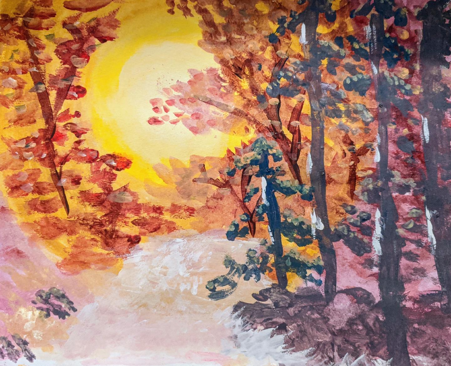 Nelson’s Bob Ross painting of a snowy path through a wood at sunset.